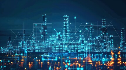 Poster - Nighttime industrial landscape with illuminated structures and digital overlays representing technology