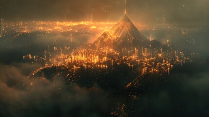 An aerial representation of a city where luxurious s ascend like mountains while oppressed zones linger below shrouded in mist signifying the overwhelming weight of systemic inequality.