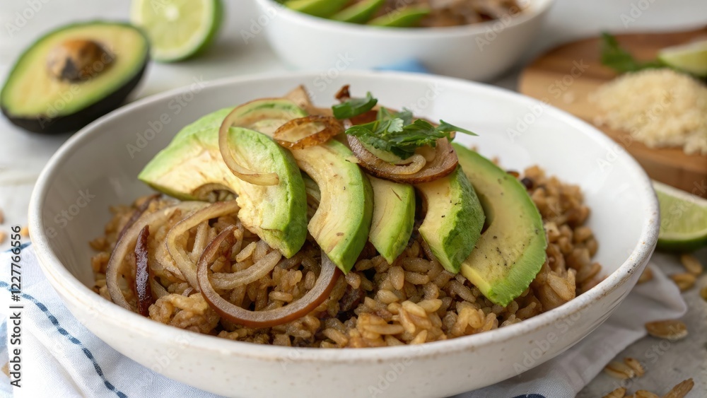 Sliced avocados on top of a warm serving of brown coconut rice mixed with saut?ed onions, everyday food, avocado