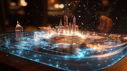 Poster - complex holographic projection of a futuristic city skyline emerging from a swirling stream of digit