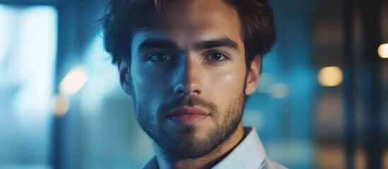 Poster - Focused Male IT Professional in Contemporary Office Setting with Empty Space for Text Overlay
