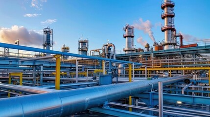Poster - Industrial facility with pipelines and towers under a blue sky at sunset, showcasing energy production