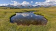 © Kaminashi Nozomi - Mountain reflection in tranquil pond, grassland, scenic view, summer landscape, nature background