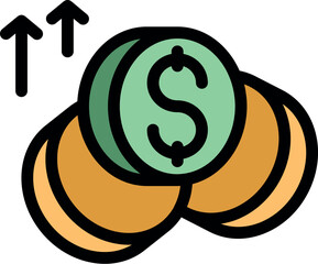 Poster - Dollar coins stack increasing value with upward arrows, symbolizing financial growth, investment success, and economic prosperity