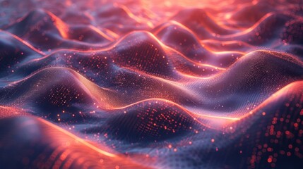Poster - Abstract representation of flowing waves with glowing particles in a vibrant sunset atmosphere