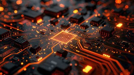 Aufkleber - Close-up view of a glowing circuit board with intricate patterns and vibrant orange lights