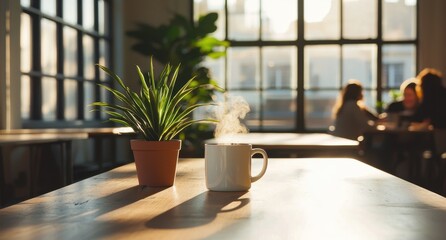 Wall Mural - Cozy Coffee Mug with Steam on Rustic Table and Indoor Plant in Warm Sunlight Inside a Relaxing Cafe Atmosphere