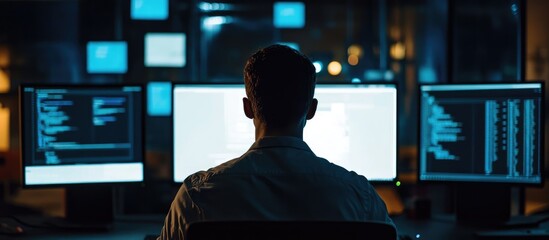 Poster - Dedicated IT professional analyzing data at multiple screens in a modern office environment with space for your text or graphics.