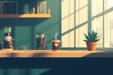 Wall Mural - Cozy kitchen scene featuring a steaming cup of coffee with a heart design beside a potted plant and bathed in warm morning sunlight