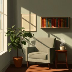 Wall Mural - Cozy Living Room Corner with Sunlight Streaming Through Windows and a Warm Cup of Coffee on a Table Next to a Comfortable Green Armchair