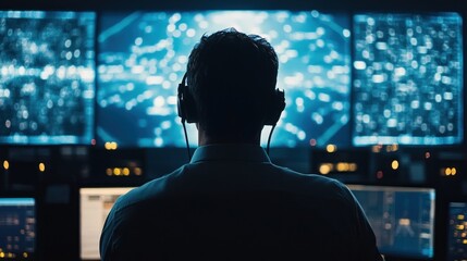 Poster - Person monitoring data on multiple screens in control room