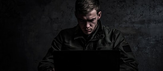 Poster - Young Man Engrossed in Laptop Work in Low-Light Setting with Space for Text Addition