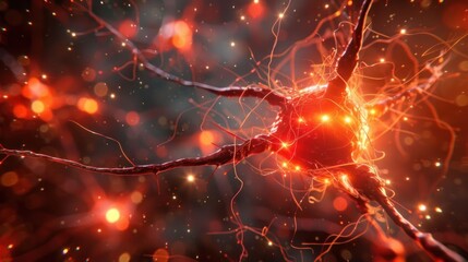 Poster - Close-up view of a glowing neuron with intricate dendrites and vibrant background bokeh effects