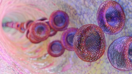 Poster - Colorful microscopic view of cells moving through a biological structure in a vibrant environment