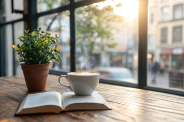 Wall Mural - Cozy morning scene with a steaming cup of coffee and open book beside a potted plant by the window in an urban setting