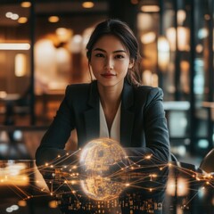 Poster - Confident businesswoman in modern office with digital globe