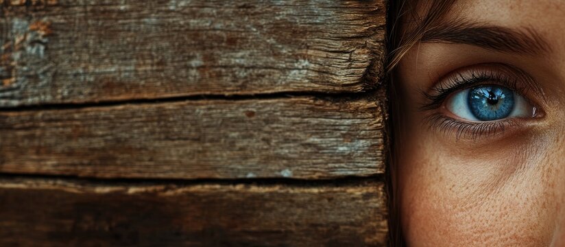 Close Up Portrait of Female Farmer with Vibrant Blue Eye against Rustic Wooden Background and Empty Copyspace for Text