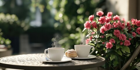 Cozy Morning with Freshly Brewed Coffee and Beautiful Pink Flowers in a Sunlit Garden Setting