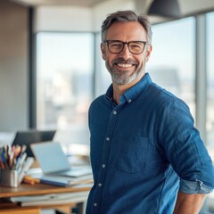 Poster - Smiling businessman in modern office with city view