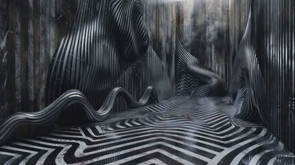 Poster - Abstract black and white interior with flowing lines and patterns, creating a surreal atmosphere