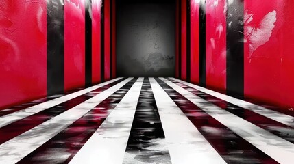 Poster - Abstract corridor with red walls and black and white striped floor leading to a dark end