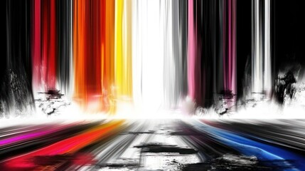 Poster - Abstract representation of vibrant light beams emerging from a dark landscape, creating a surreal atmosphere