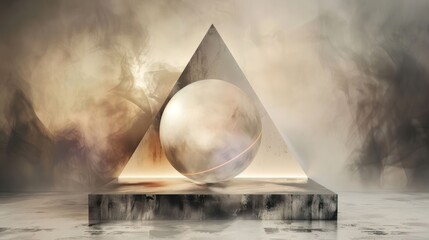 Poster - Abstract geometric composition featuring a sphere and pyramid with a smoky background