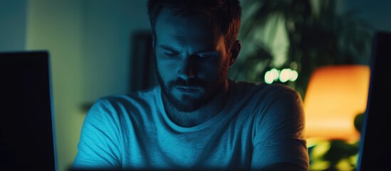 Poster - Focused Programmer Working Late at Night with Blank Space for Text or Advertisement