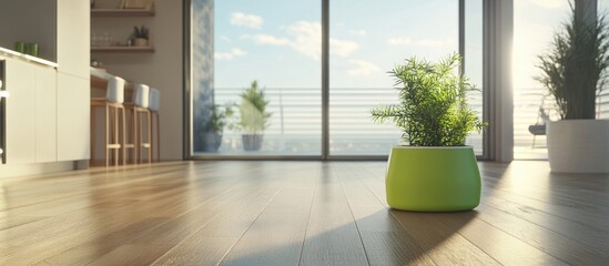 Poster - Green Plant in Modern Apartment with Bright Wooden Floor and Copy Space for Text with Scenic View through Large Windows