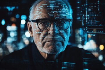 Poster - Elderly man with glasses against digital backdrop at night