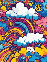 Poster - Psychedelic Illustration Featuring Rainbows, Clouds, and Peace Symbols Art