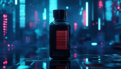 Poster - A futuristic dark bottle with red lights stands out against a neon blue background