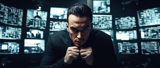 Poster - Man intensely focused in control room with monitors