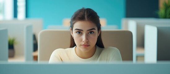 Poster - Focused young professional in modern office cubicle with neutral colors and ample empty space for text or graphics.