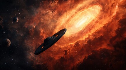 a cosmic scene featuring a swirling galaxy with vibrant colors, a mysterious spacecraft, and distant