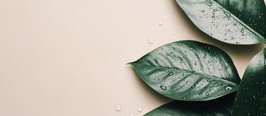 Sticker - Green leaf with fresh water droplets on a soft beige background creating a serene space for text and natural beauty inspiration