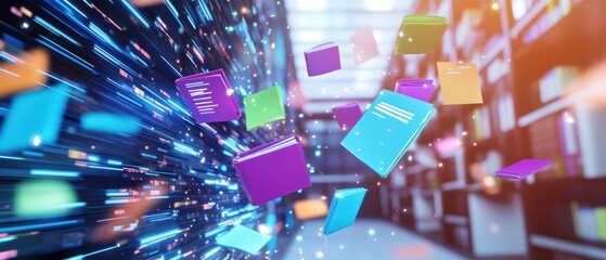 Poster - Colorful books floating in digital library environment