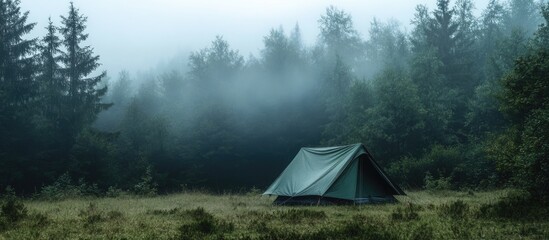 Canvas Print - Misty forest landscape featuring a green tent surrounded by trees with ample empty space for customizable text and nature-themed designs.