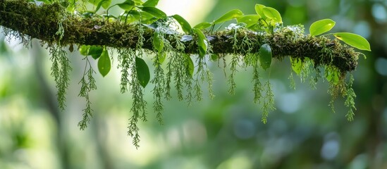 Sticker - Lush green leaves and hanging moss on a forest branch with blurred background and ample space for text or design elements