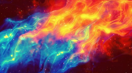 Poster - Vibrant abstract waves of orange and blue flowing through a cosmic background, evoking energy