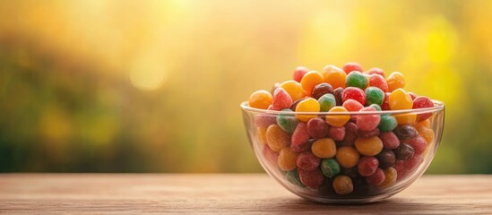 Wall Mural - Colorful Toffee Candy in Glass Bowl with Natural Background and Empty Space for Text in Countryside Setting