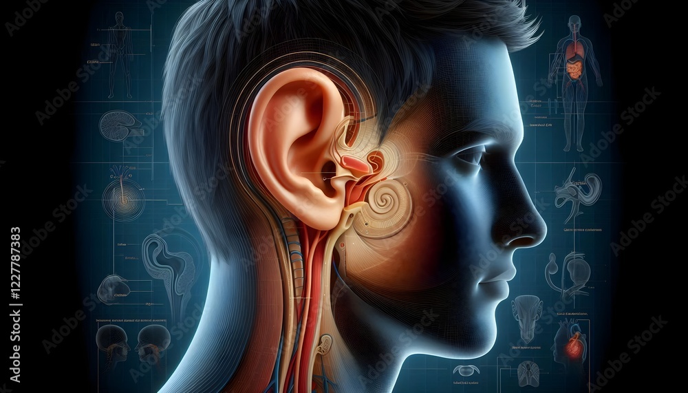 3D medical illustration of the human ear anatomy displaying outer ear ...