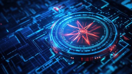 Fototapete - a compass on a circuit board with a blue background