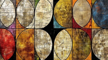Poster - Abstract geometric art featuring colorful ovals and textured backgrounds in vibrant hues