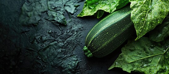 Sticker - Fresh Organic Zucchini Surrounded by Green Leaves on Dark Background with Space for Text or Marketing Message