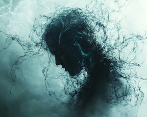 Poster - digital art piece showing person surrounded by abstract forms
