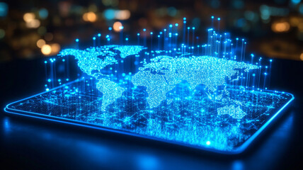 Poster - Digital world map with glowing data points on tablet display