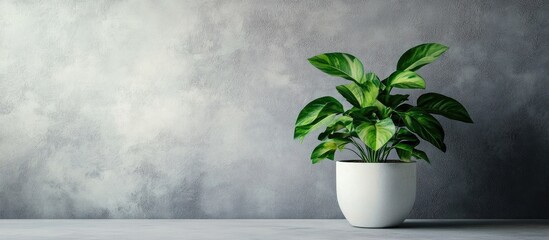 Canvas Print - Indoor green plant in a white pot against a textured gray wall with ample space for text or branding elements.