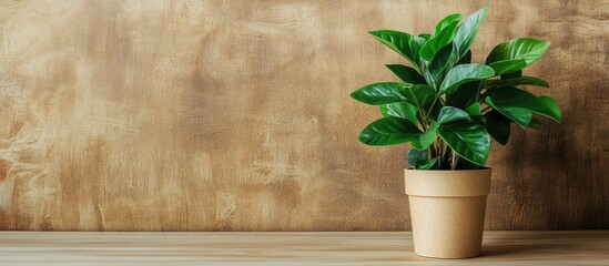 Sticker - Green plant in biodegradable paper pot positioned on floor beside wooden wall with ample space for text or branding in natural setting