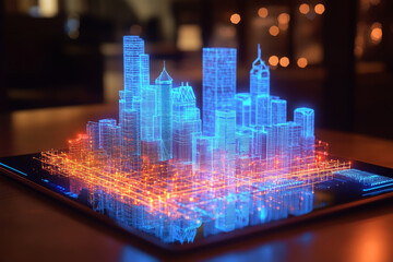 Poster - futuristic cityscape hologram displayed on tablet screen